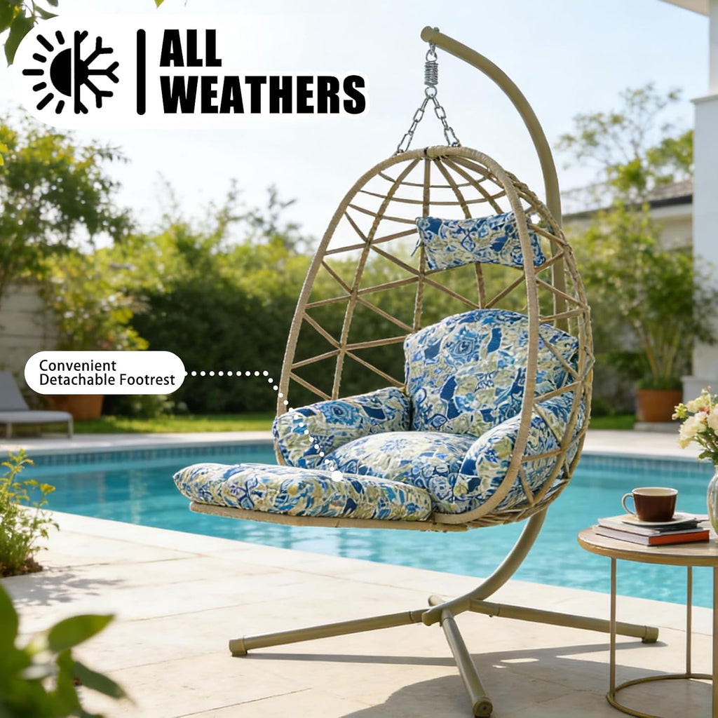Hanging Egg Chair with Stand & Leg Rest,Rattan Wicker Swing Chair with Cushion,Patio Basket Hanging Chair Wicker Hammock Chair for Indoor Outdoor Bedroom Garden,300LBS (Coffee Rattan&Floral Cushion)