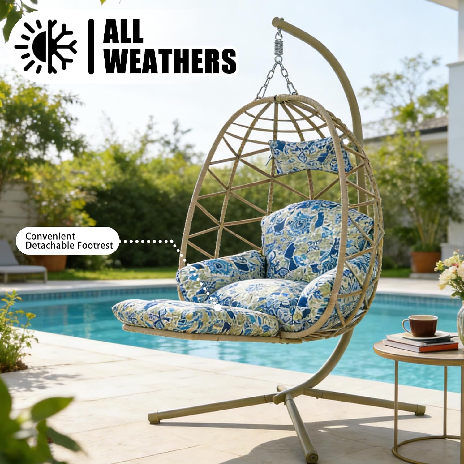 Hanging Egg Chair with Stand & Leg Rest,Rattan Wicker Swing Chair with Cushion,Patio Basket Hanging Chair Wicker Hammock Chair for Indoor Outdoor Bedroom Garden,300LBS (Coffee Rattan&Floral Cushion)