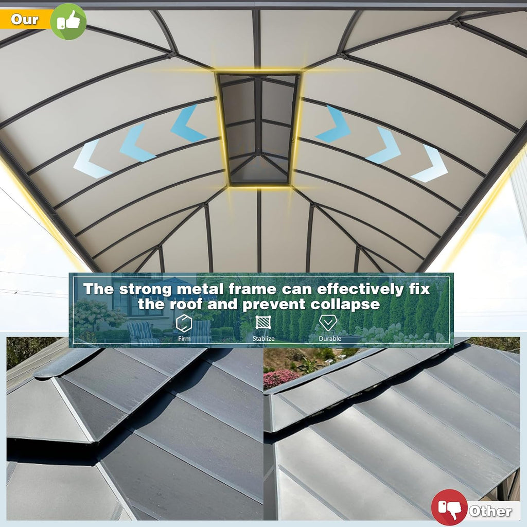 YOLENY 12'x16' Hardtop Gazebo, Permanent Outdoor Aluminum Patio Gazebo with Aluminum Composite Double Arc Roof for Patio Lawn and Garden, Curtains and Netting Included