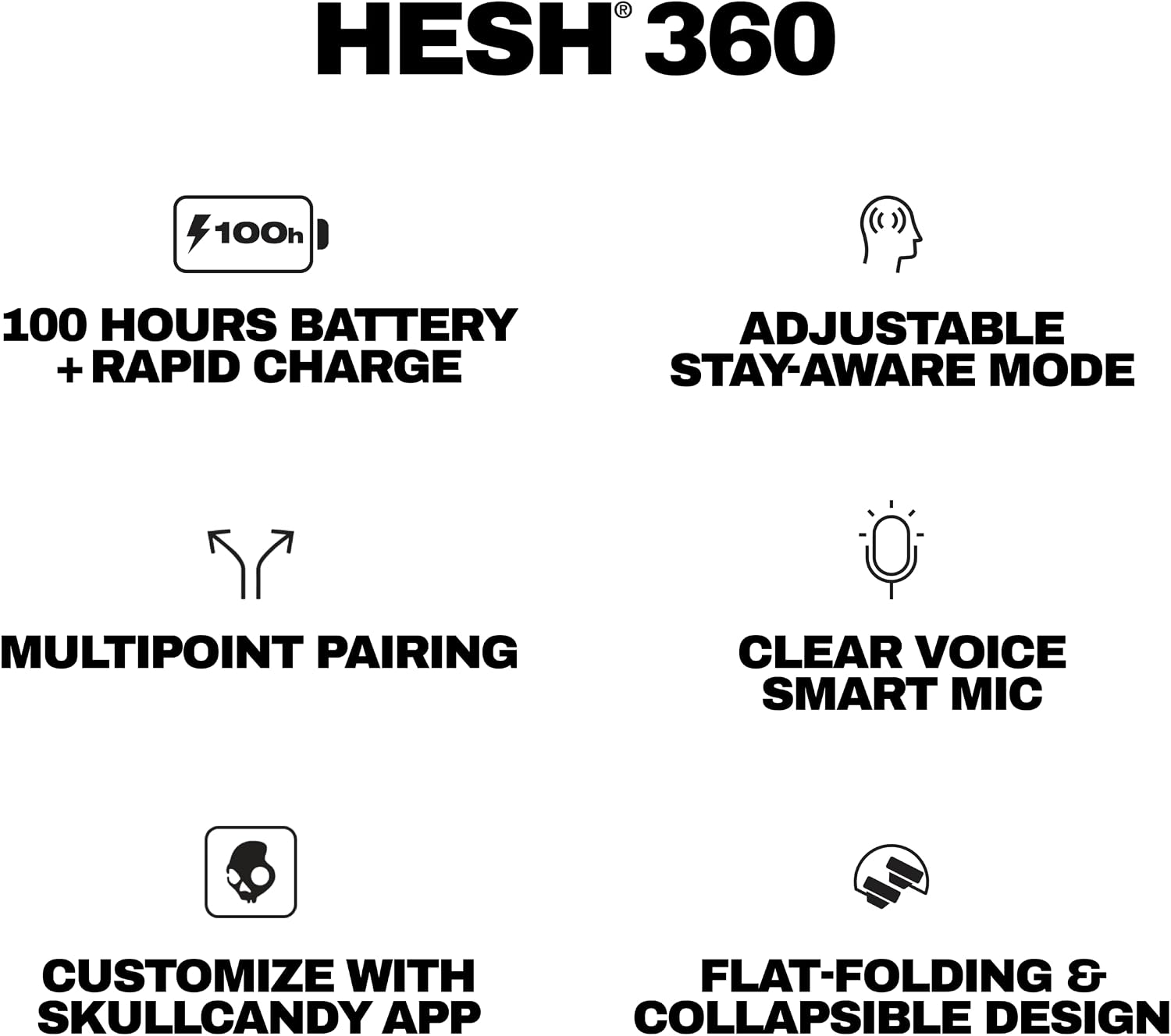Skullcandy Hesh 360 Wireless Over-Ear Bluetooth Headphones, Up to 100 Hours Battery, Noise Isolating Fit, Flat-Folding Collapsible Design, Microphone iPhone Android - Bone