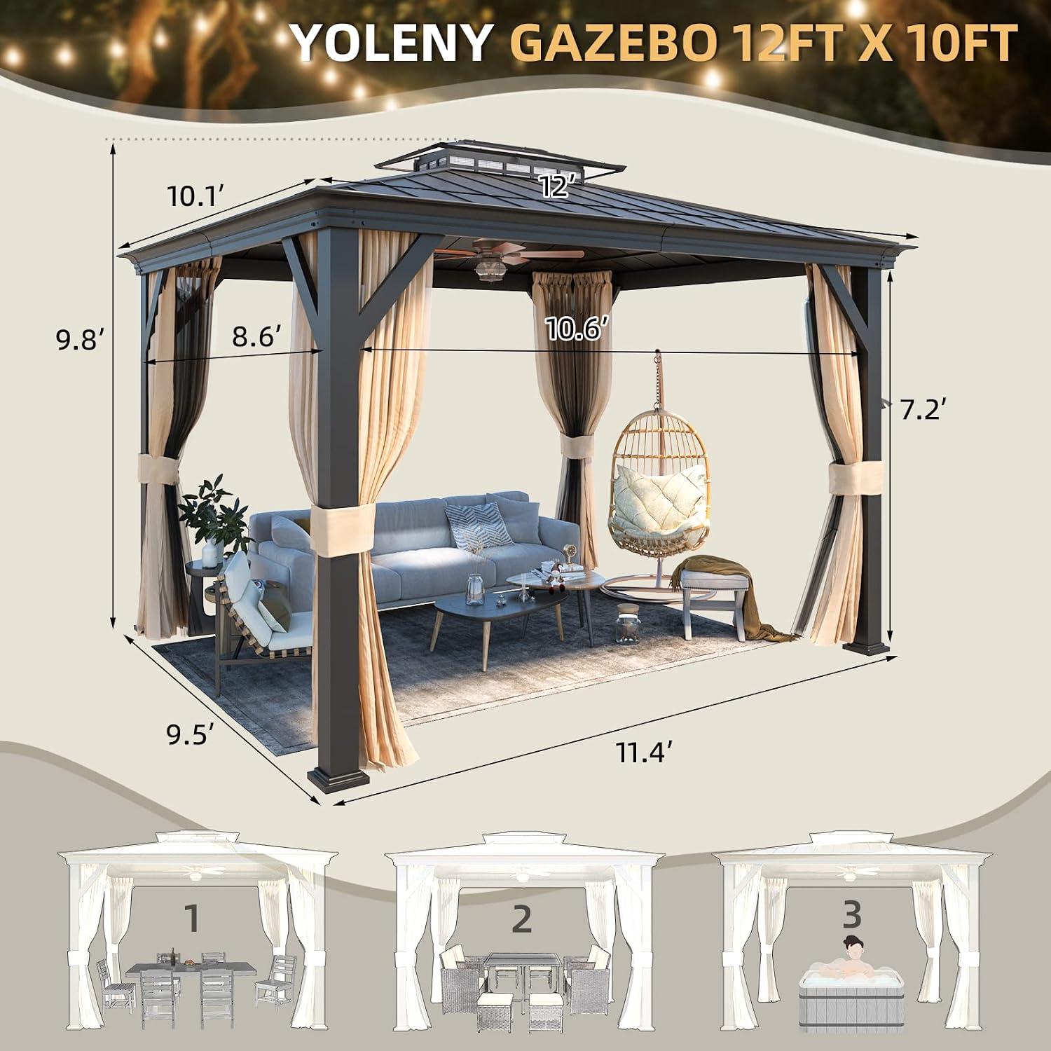 YOLENY 12'x10' Hardtop Gazebo, Outdoor Canopy Gazebos wtth Acrylic & Galvanized Steel Roof,Aluminum Frame with Curtains and Netting, Sunshade for Garden, Patio, Lawns Black