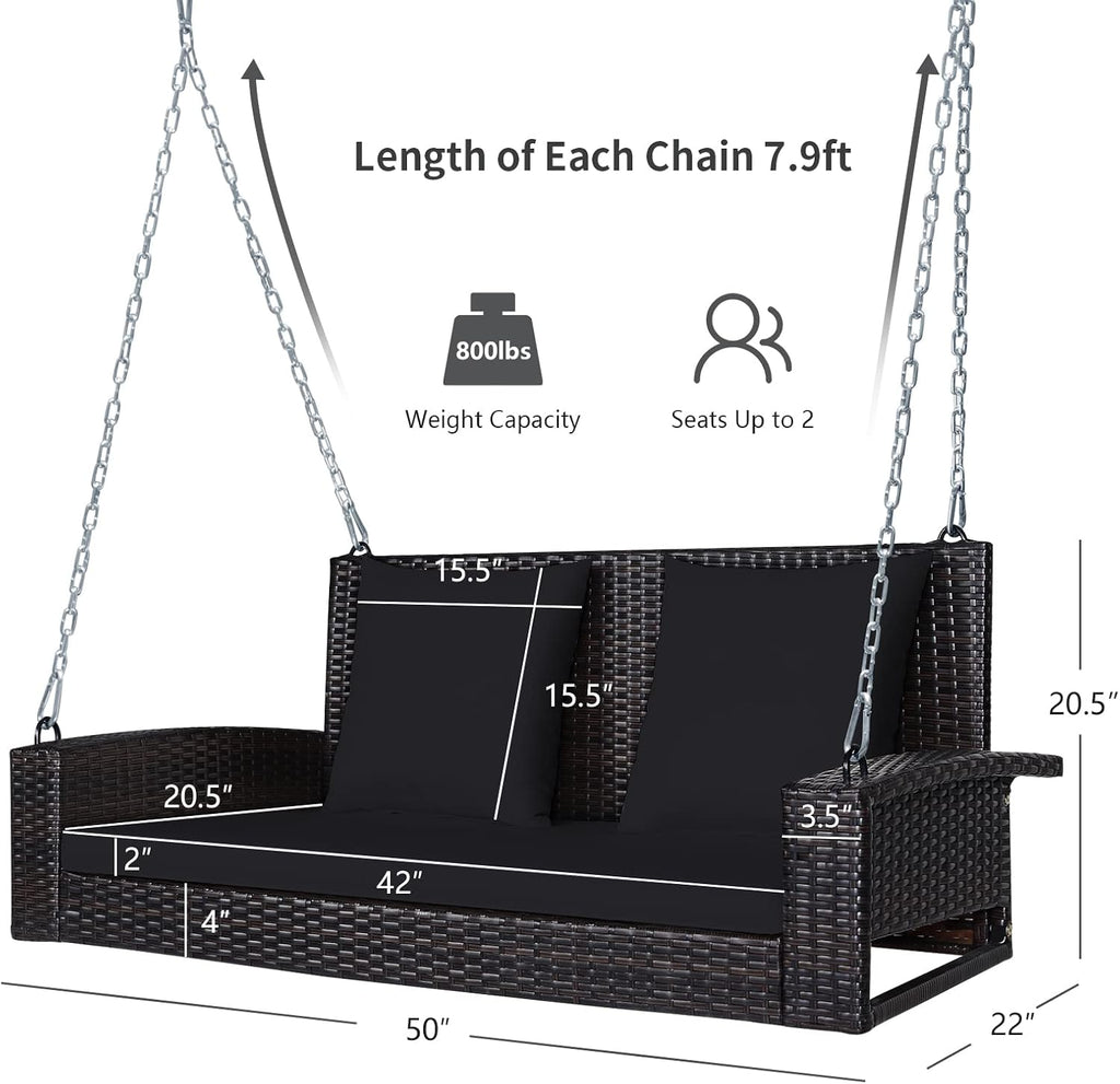 RELAX4LIFE Porch Swing 2-Seat Patio Rattan, Wicker Porch Swings Outdoor W/Two 7.9 Ft Solid Steel Chain, Comfortable Back & Seat Cushions, for Front Porch, Garden, Backyard Patio Swing (Black)