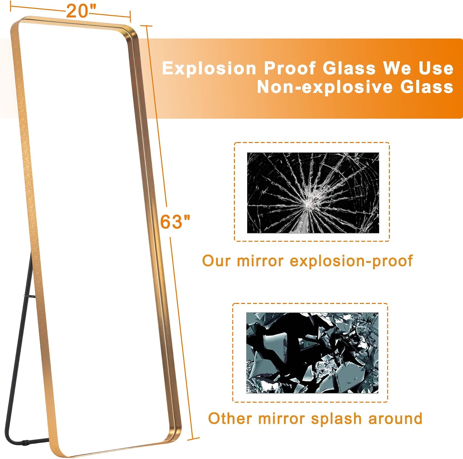 NeuType Full Length Mirror, 63'x20' Floor Mirror Full Body Dressing Mirror Round Corner, Hanging or Leaning Against Wall Large Rectangle Wall Mounted Deep Set Aluminum Alloy Frame for Bedroom, Gold