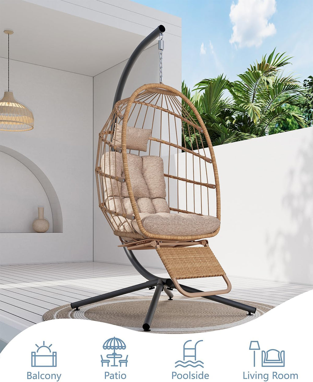 SWITTE Egg Chair Outdoor with Footrest & Stand, Indoor Wicker Hanging Egg Swing Hammock Chair with Cushion for Patio, Bedroom, Garden - Natural