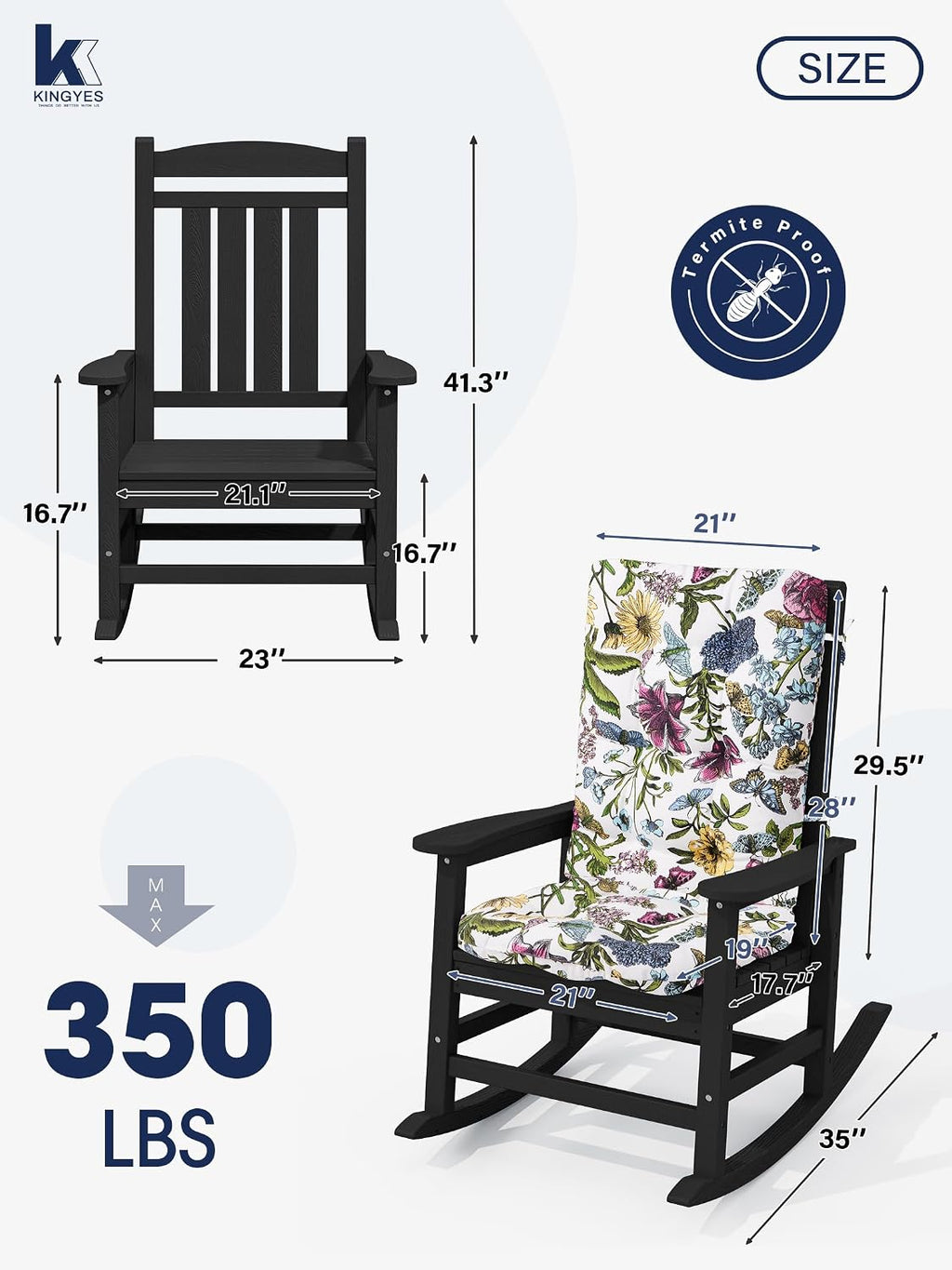 KINGYES Oversized Outdoor Rocking Chair with Cushion, All-Weather Patio Rocking Chairs, HDPE Porch Rocker for Adults, 350 lbs Capacity, Black Chair with Flower Cushion
