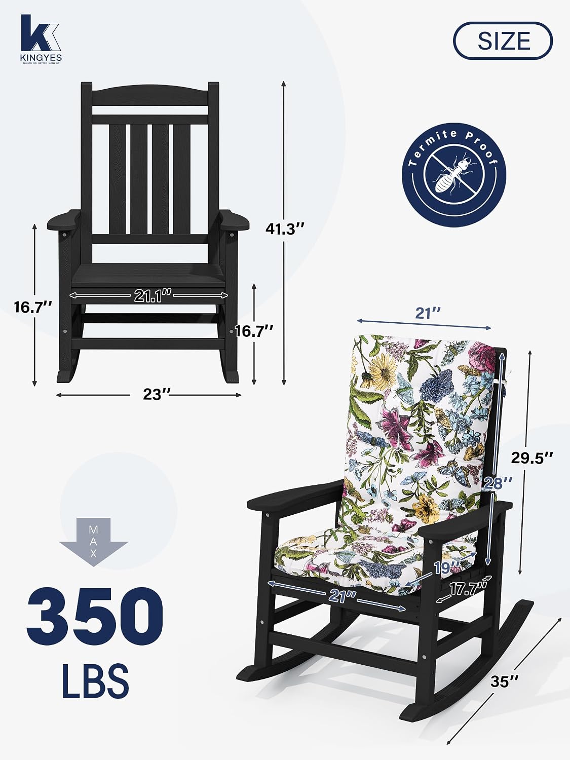 KINGYES Oversized Outdoor Rocking Chair with Cushion, All-Weather Patio Rocking Chairs, HDPE Porch Rocker for Adults, 350 lbs Capacity, Black Chair with Flower Cushion