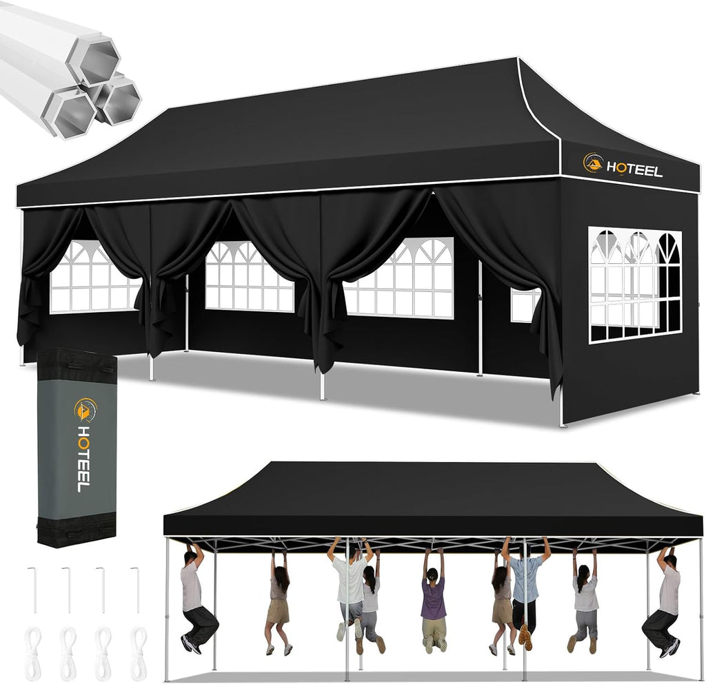 Hoteel 10x30 Pop Up Canopy Heavy Duty with 8 Sidewalls, Waterproof Outdoor Event Tents, Easy Set-up Instant Tent with Hand Bag, Rope & Nail, Hexagonal Leg (1-Year Warranty,Upgrade)