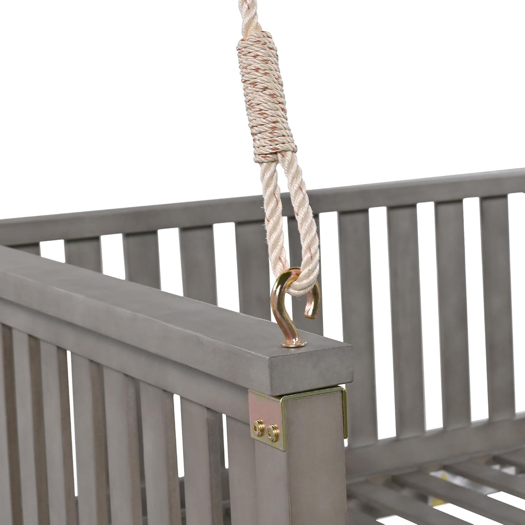 Minimalist 2-Person Acacia Wood Swing Bed, Patio Porch Swing with Ropes for Backyard Garden, Safe Sloped Design,Mattress, Cushions and Pillows not Included(Gray/Acacia)