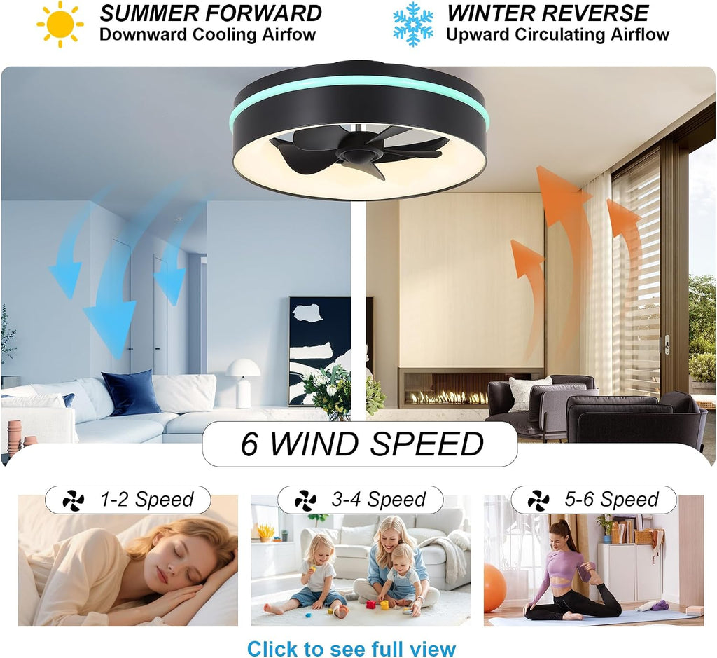Smart Low Profle Ceiling Fans with RGB Lights Remote/APP Control, 18' Bladeless Ceiling Fans with 6 Speeds, Timer, Quiet DC Motor,for Gazabo,Game Room,Kids Bedroom,Living Room,Home Office