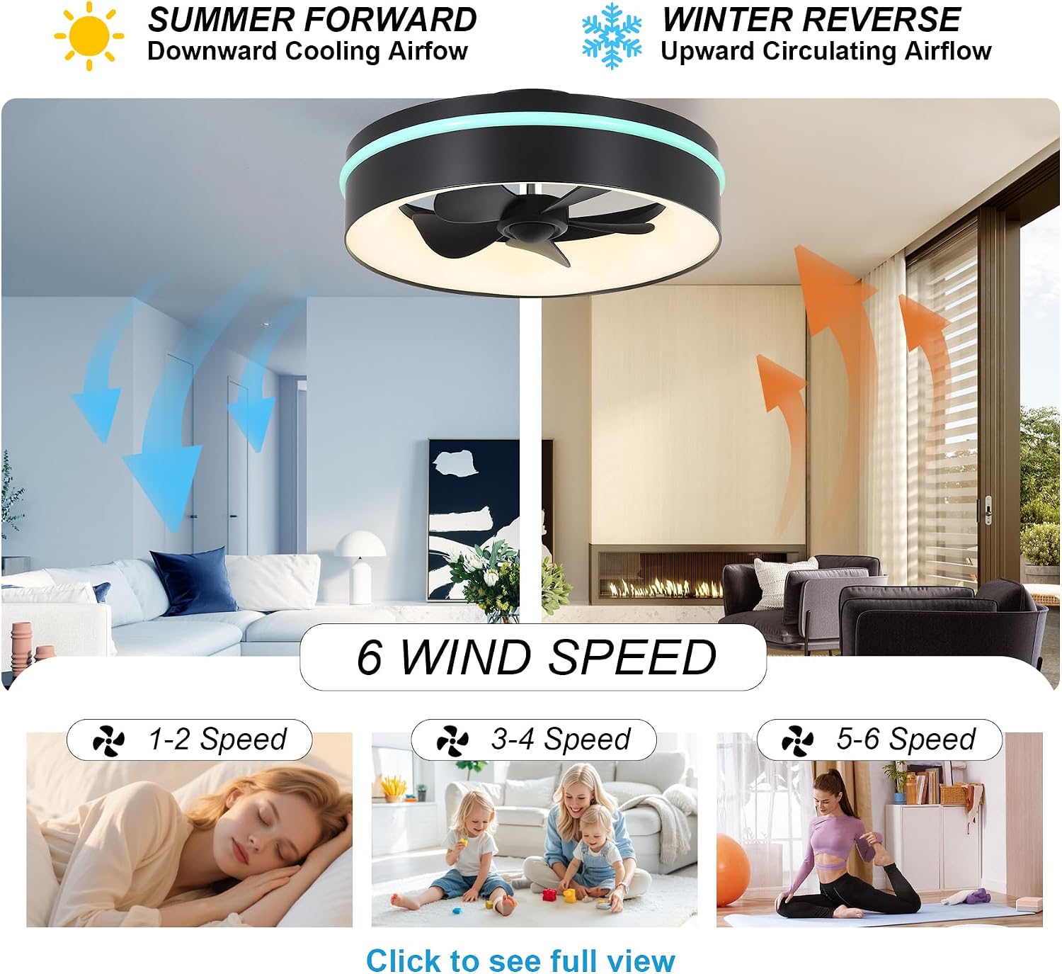 Smart Low Profle Ceiling Fans with RGB Lights Remote/APP Control, 18' Bladeless Ceiling Fans with 6 Speeds, Timer, Quiet DC Motor,for Gazabo,Game Room,Kids Bedroom,Living Room,Home Office