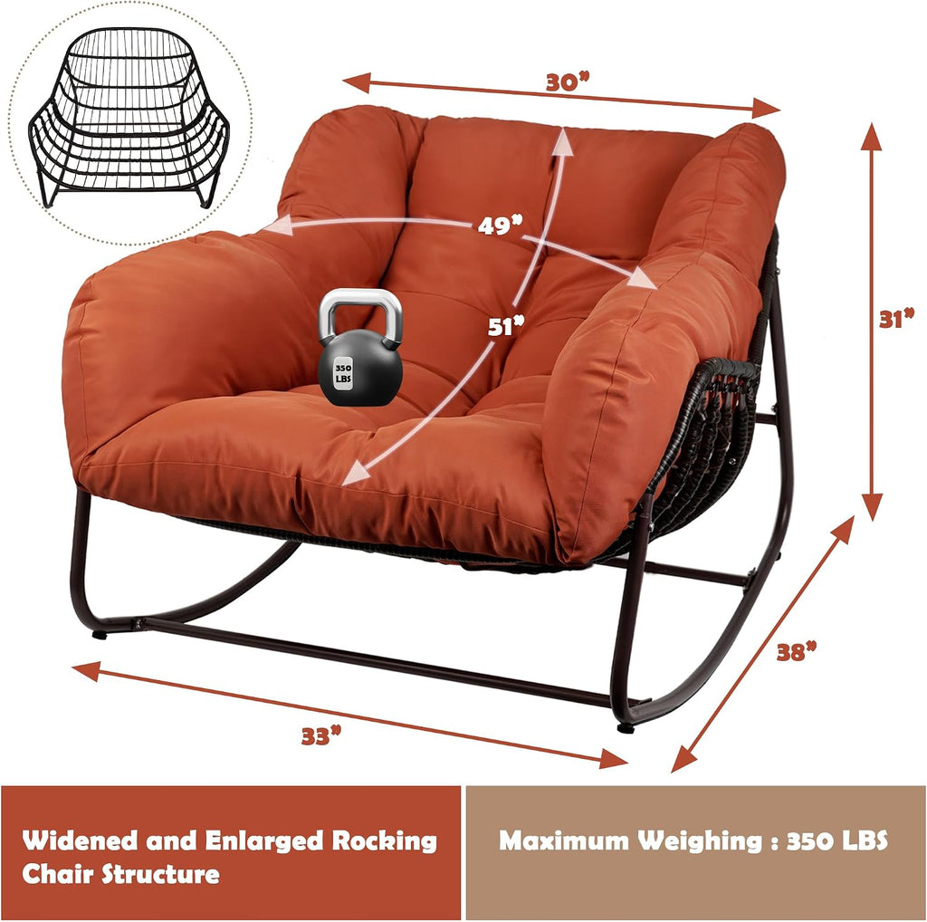 Papasan Rocking Chair Indoor & Outdoor, All Weather Wicker Papasan Patio Chair with Cushion & Pillow, Oversized Papasan Rocker Egg Chair for Bedroom, Garden, Patio - Red.