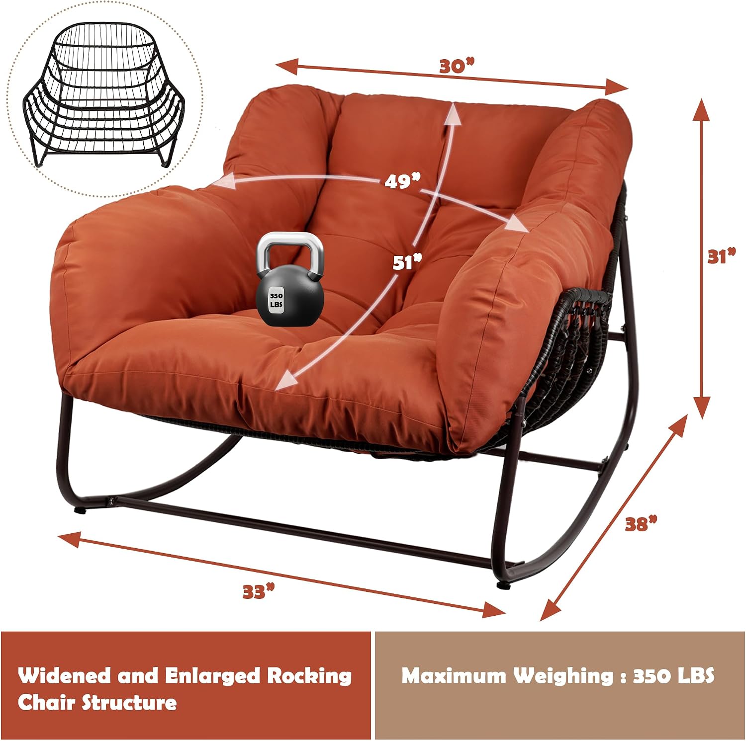 Papasan Rocking Chair Indoor & Outdoor, All Weather Wicker Papasan Patio Chair with Cushion & Pillow, Oversized Papasan Rocker Egg Chair for Bedroom, Garden, Patio - Red.