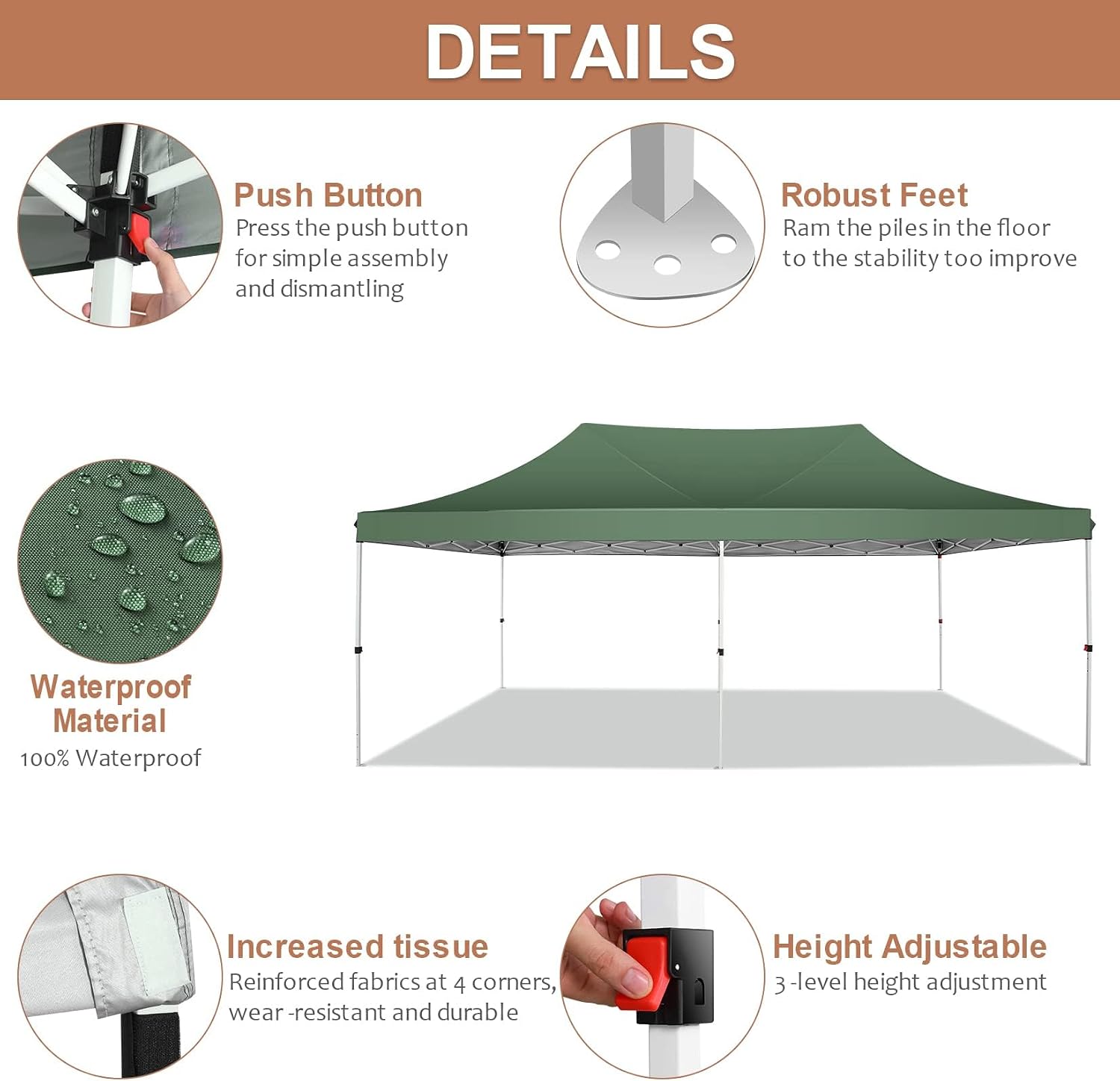 COBIZI 10x20 Pop Up Canopy with 6 Sidewalls,10x20 Canopy Tent Frame Upgraded with 3 Adjustable Heights,Waterproof UV50+ Outdoor Party Commercial Ez Up Gazebos with Carry Bag(10 x 20 ft Green)