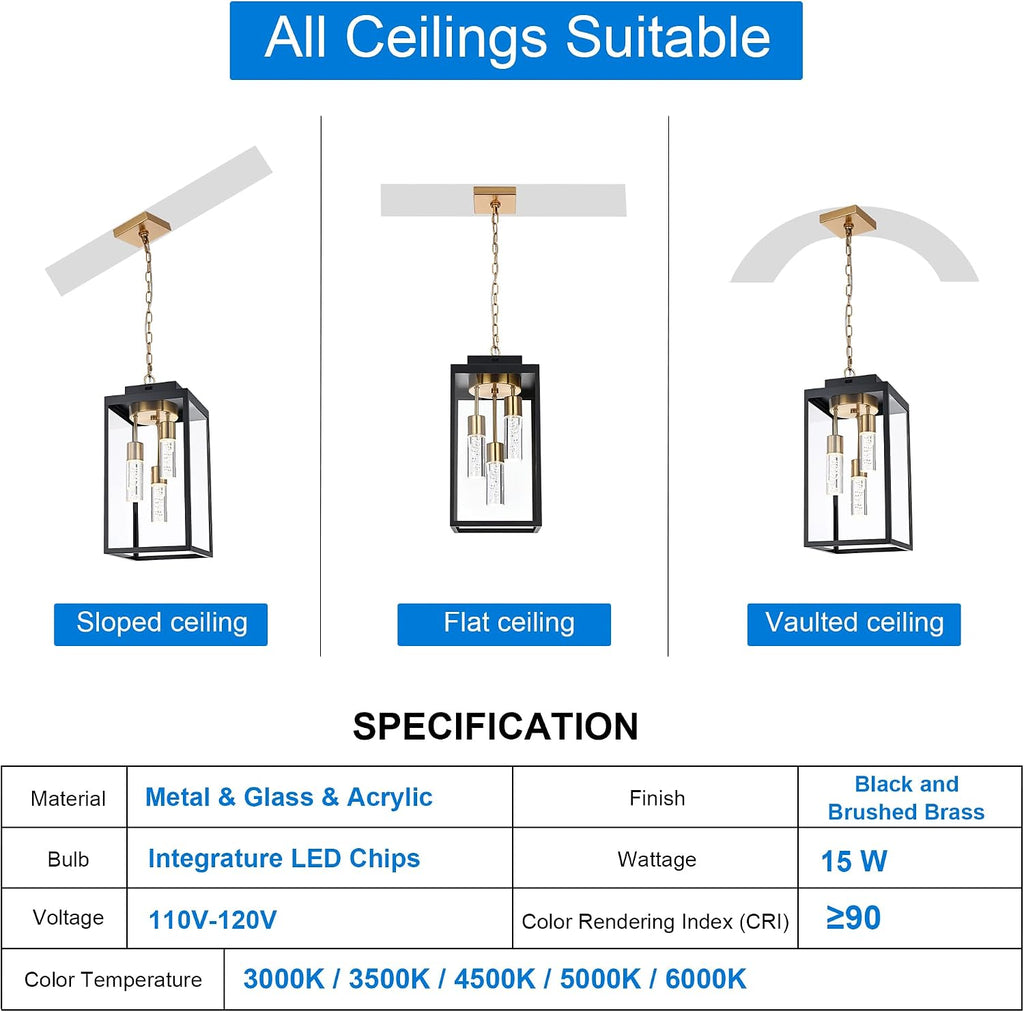 MELUCEE 5 Color Dimmable LED Exterior Lantern Hanging Light Ceiling Mount with Clear Glass, Black 16 Inch Outdoor Pendant Light Outside Chandelier for Porch Garage Gazebo Patio, Built-in LED Chips