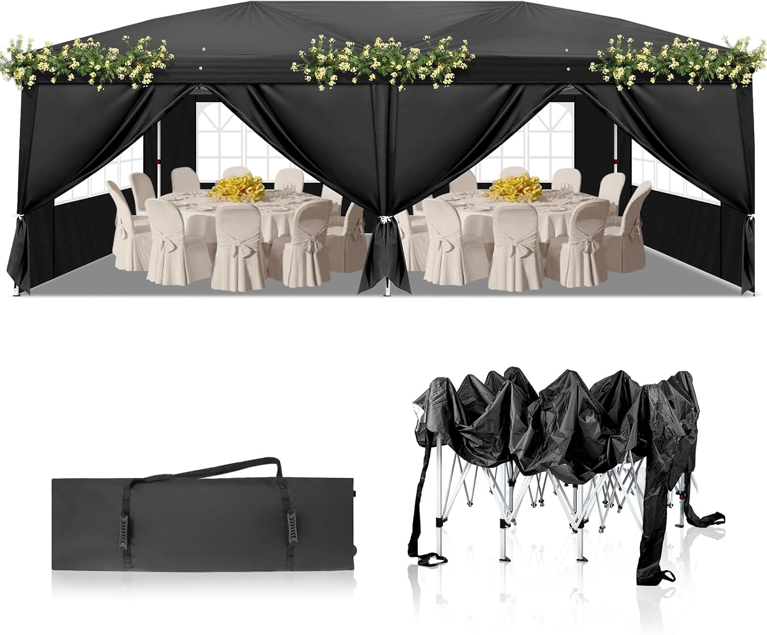 Outvita 10x20ft Pop Up Canopy Tent, Outdoor Instant Shelter Folding Canopy with 6 Side Walls and Carry Bag for Commercial Events, Party, Backyard BBQ, Camping Black