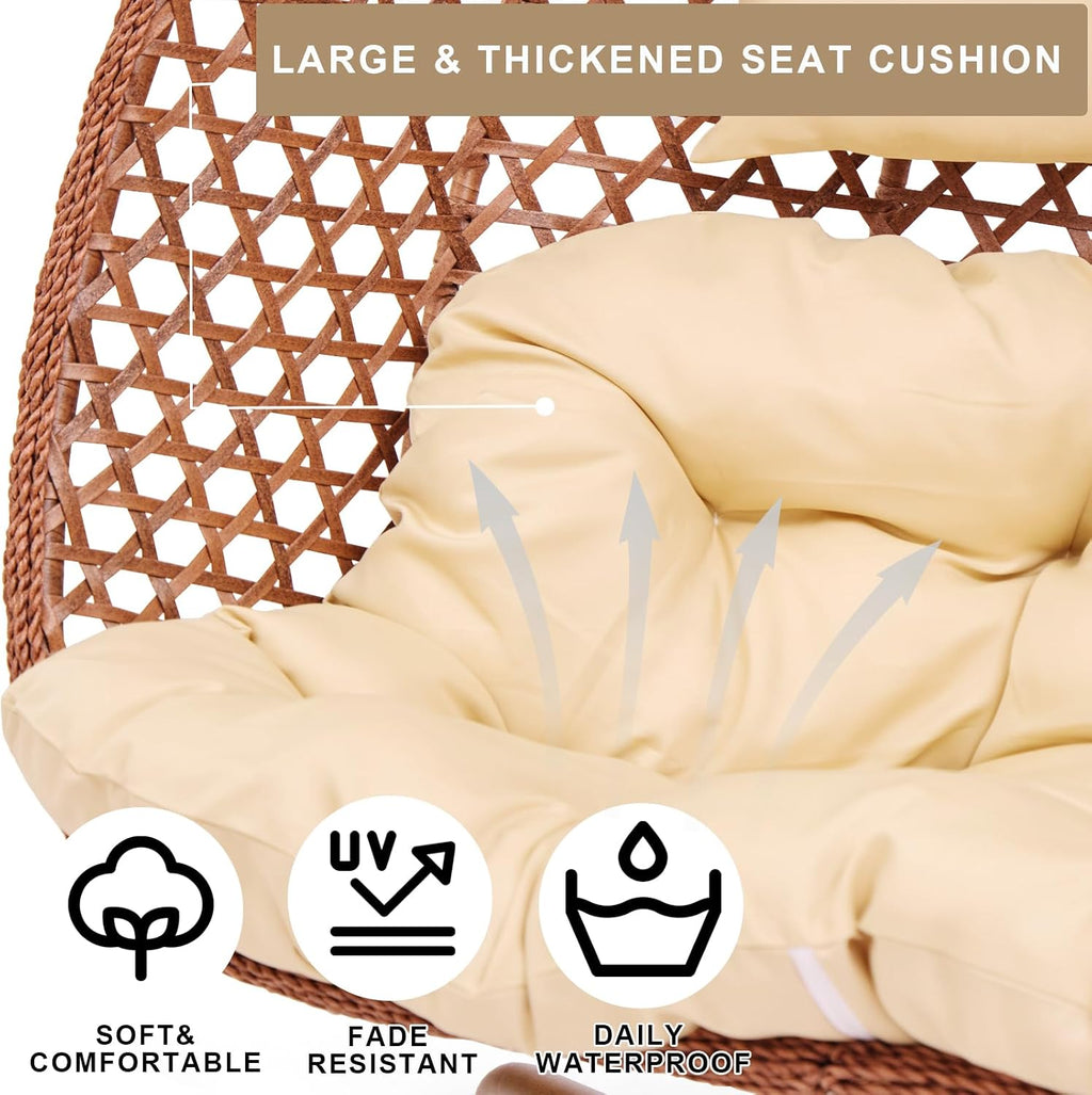 Double Swing Egg Chair with Stand, Foldable Wicker Hanging Swing for Outdoor Garden Patio, 2 Person Egg Chair Loveseat with Removable Cushions (Beige)