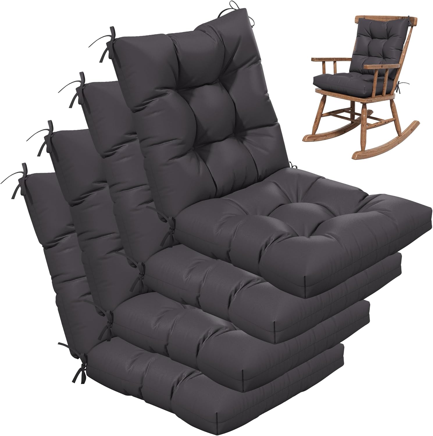 4sets Rocking Chair Cushion Set,Outdoor Patio Chair Cushions,Waterproof and Fade-Resistant Replacement Tufted Pads with Ties for Indoor Outdoor Rocker/Patio/Swing Chair,42 x 21 x 5 Inches