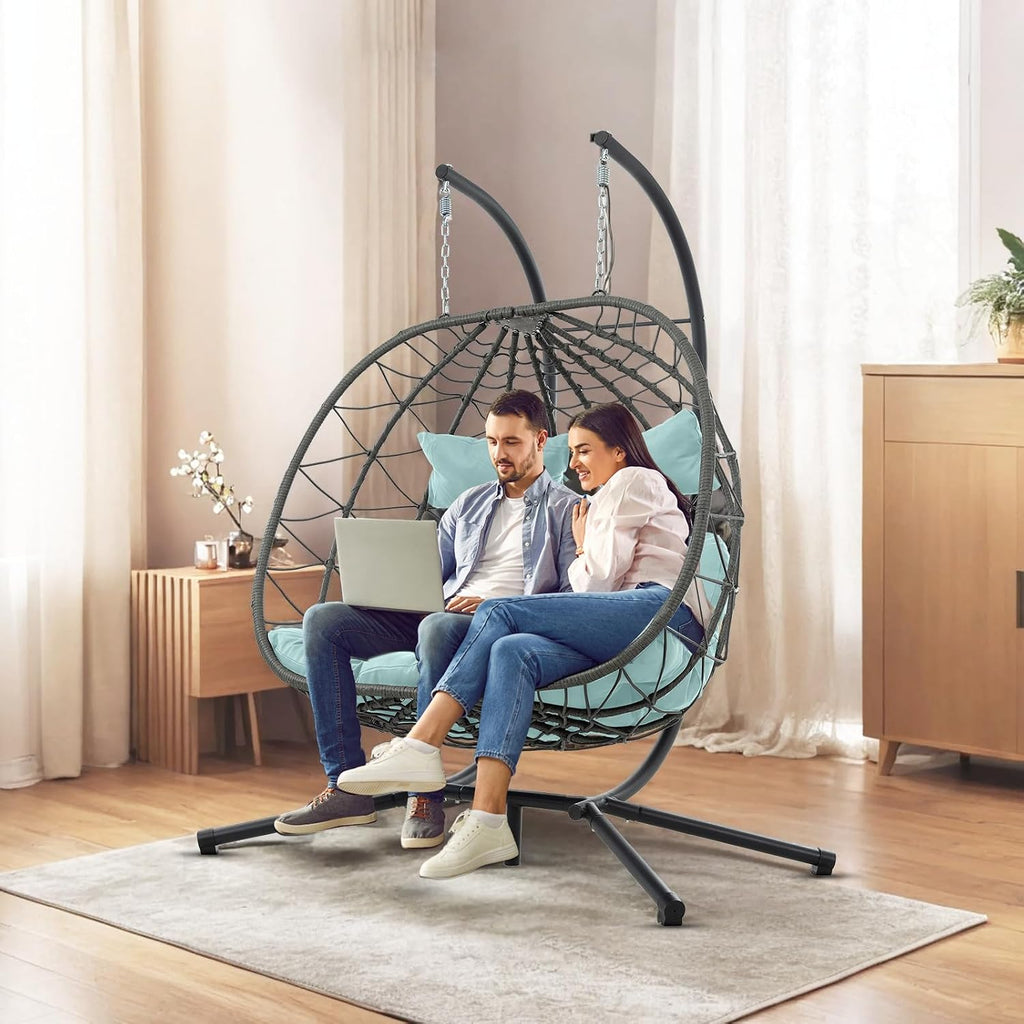 Double Egg Swing Chair with Stand, 2 Person Outdoor Indoor Hammock Hanging Chair with Cushion,Patio Wicker Hanging Egg Chair w/Cushion 700LBS Capacity for Bedroom, Balcony, Garden