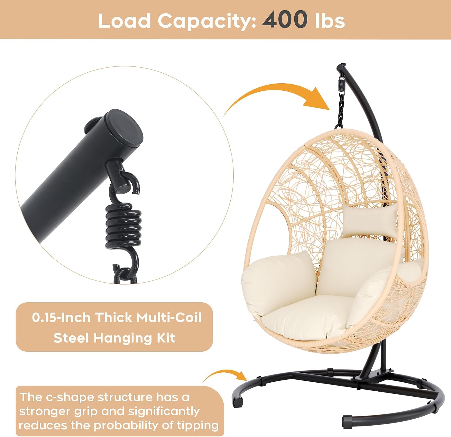 Hanging Egg Chair with Stand, Outdoor Swing Egg Chair with Rain Cover, 400 LBS Capacity All-Weather PE Wicker Swing Chair with Waterproof Cushions