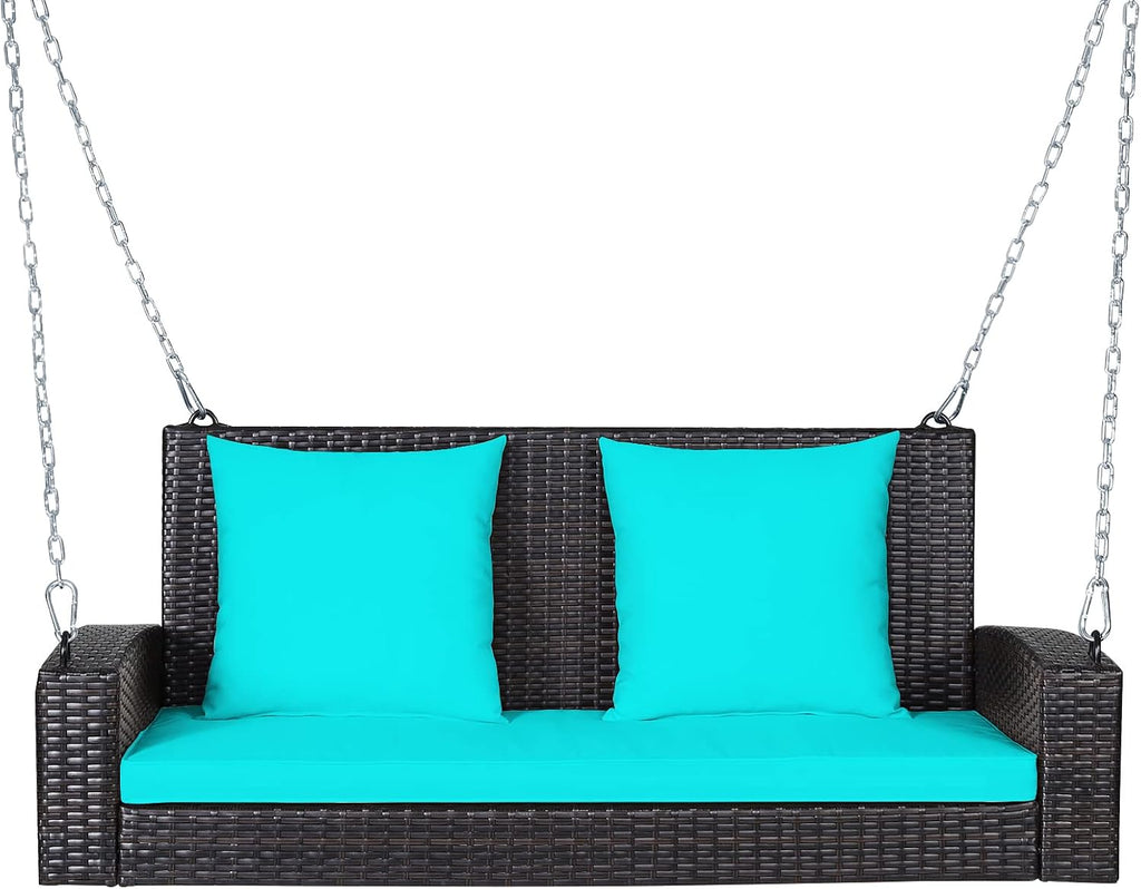 RELAX4LIFE Porch Swing 2-Seat Patio Rattan, Wicker Porch Swings Outdoor W/Two 7.9 Ft Solid Steel Chain, Comfortable Back & Seat Cushions, for Front Porch, Garden, Backyard Patio Swing (Turquoise)