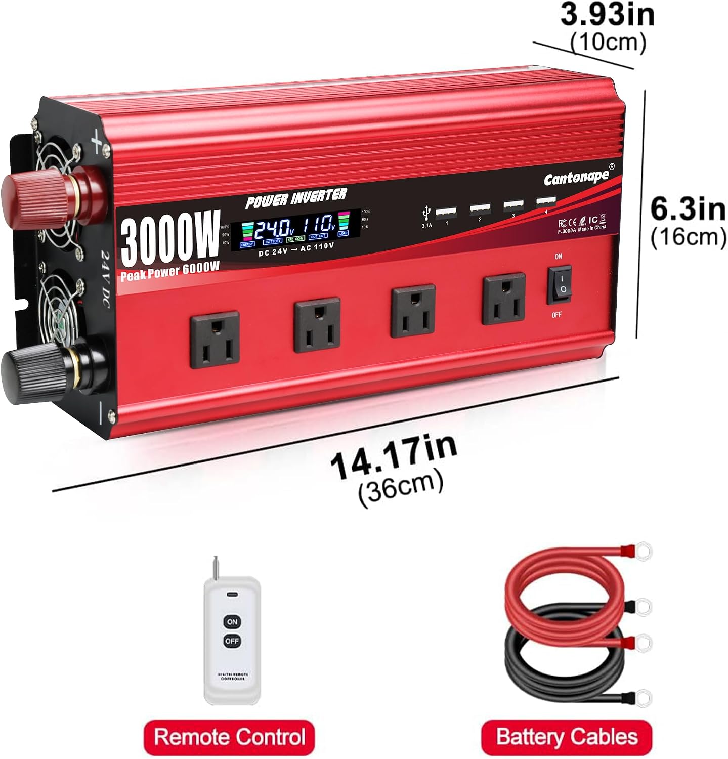 Cantonape 3000W Power Inverter 24V to 110V/120V DC to AC with LCD Display, Remote Controller 4 x AC Outlets and 4 x 3.1A USB Car Adapter for Car Truck Boat RV Solar System