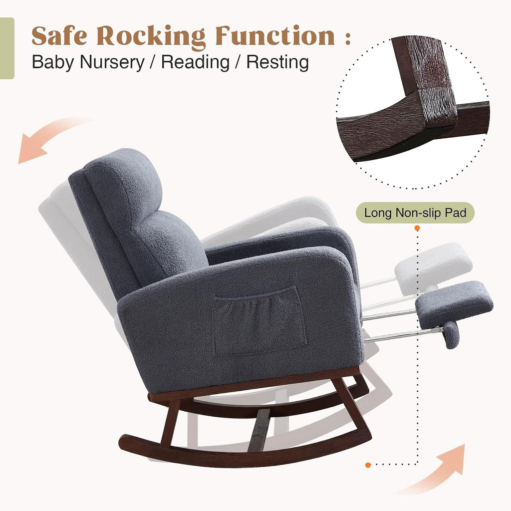 HCHAIRH Rocking Chair Nursery with Foot Rest, Teddy Nursing Rocking Chairs for Mom Breastfeeding, Rocker Glider Chair with High Backrest for Living Room, Bedroom, Blue Grey