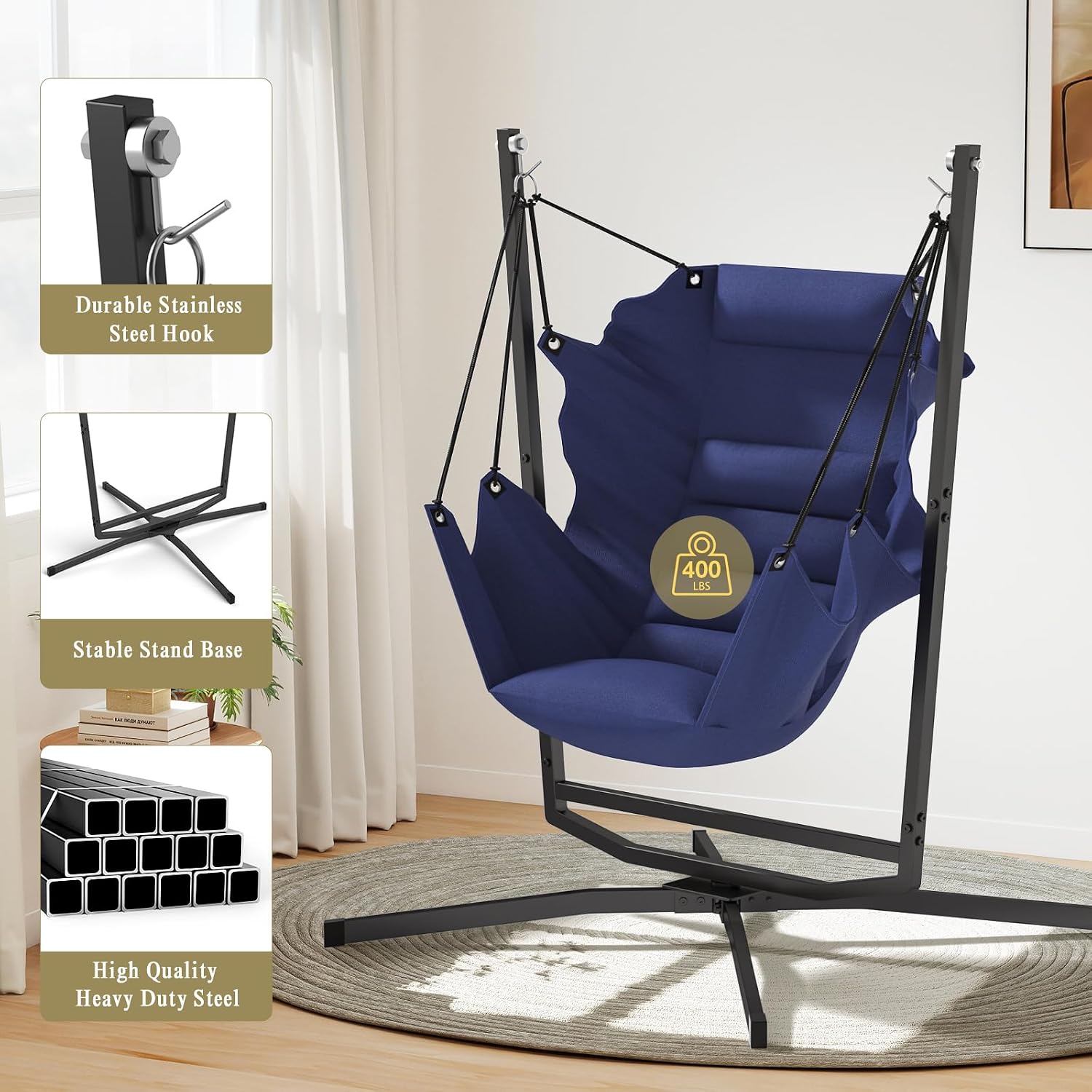 360° Swivel Hammock Swing Chair with Stand - Comfortable Hanging Chair with Cushions (400 lbs Capacity) for Indoor/Outdoor Use - Perfect for Bedroom, Patio, Porch, Deck, Garden, Balcony