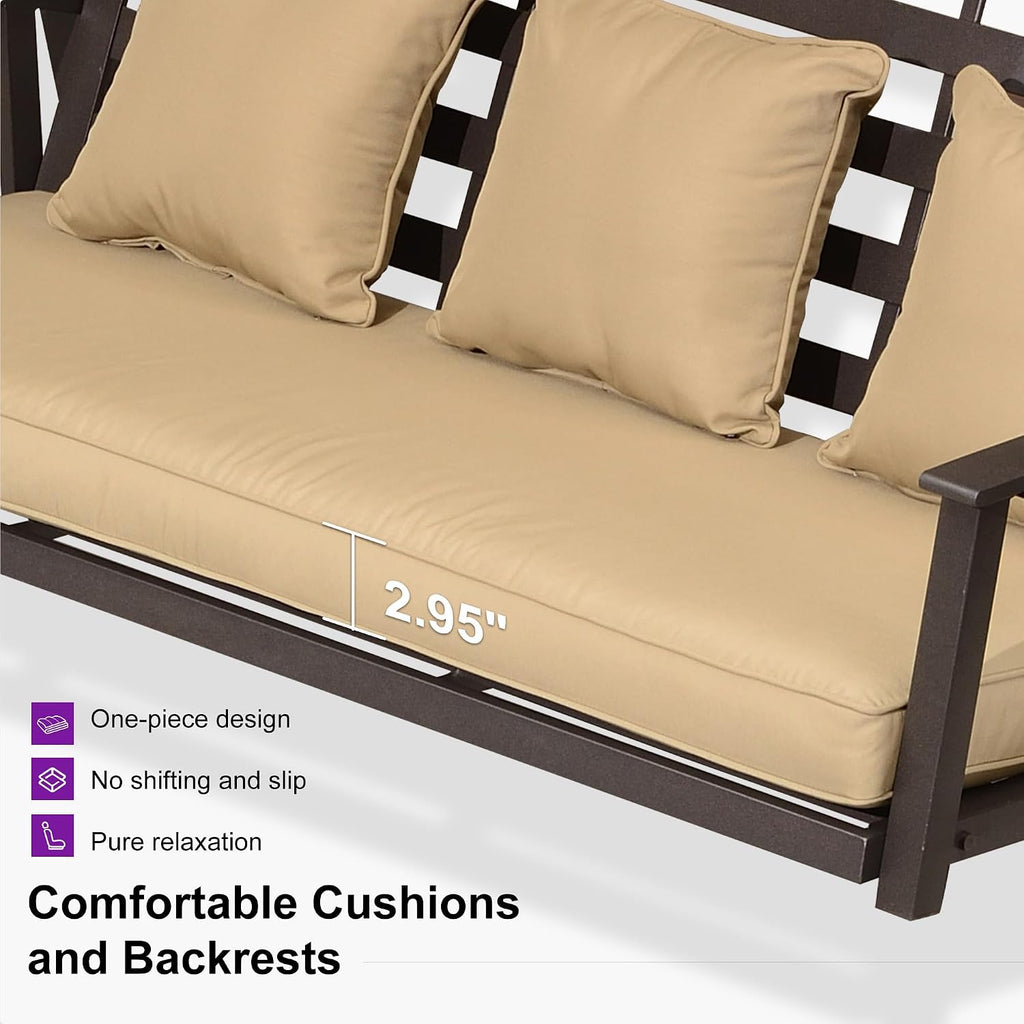 PURPLE LEAF 3-Seat Porch Swing with Adjustable PVC Canopy Metal Patio Bench Glider Swing Bed Outdoor Swing Chair with Stand and Side Cup Holder for Outside Garden Porch, Cushion and Pillows Included