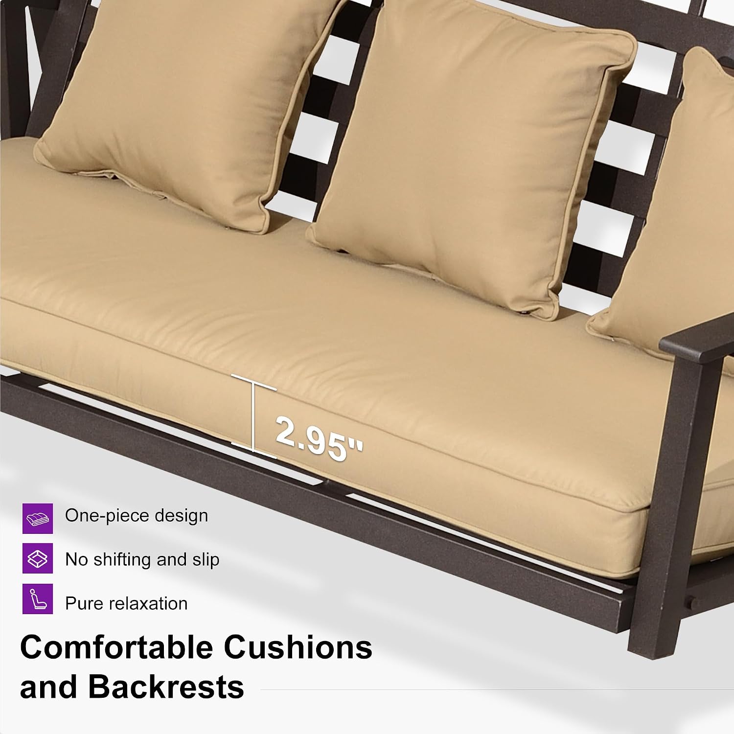 PURPLE LEAF 3-Seat Porch Swing with Adjustable PVC Canopy Metal Patio Bench Glider Swing Bed Outdoor Swing Chair with Stand and Side Cup Holder for Outside Garden Porch, Cushion and Pillows Included