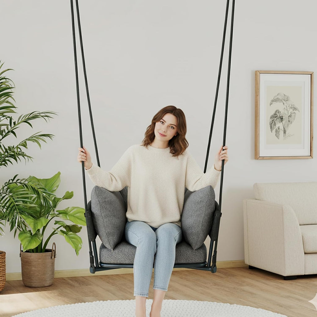Single Porch Swings Chair with Cushions, Hanging Rope Swing, Hanging Chair for Bedroom, Hammock Chairs Swing Indoor & Outdoor, Macrame Hanging Swinging, Patio, Balcony, Light Grey
