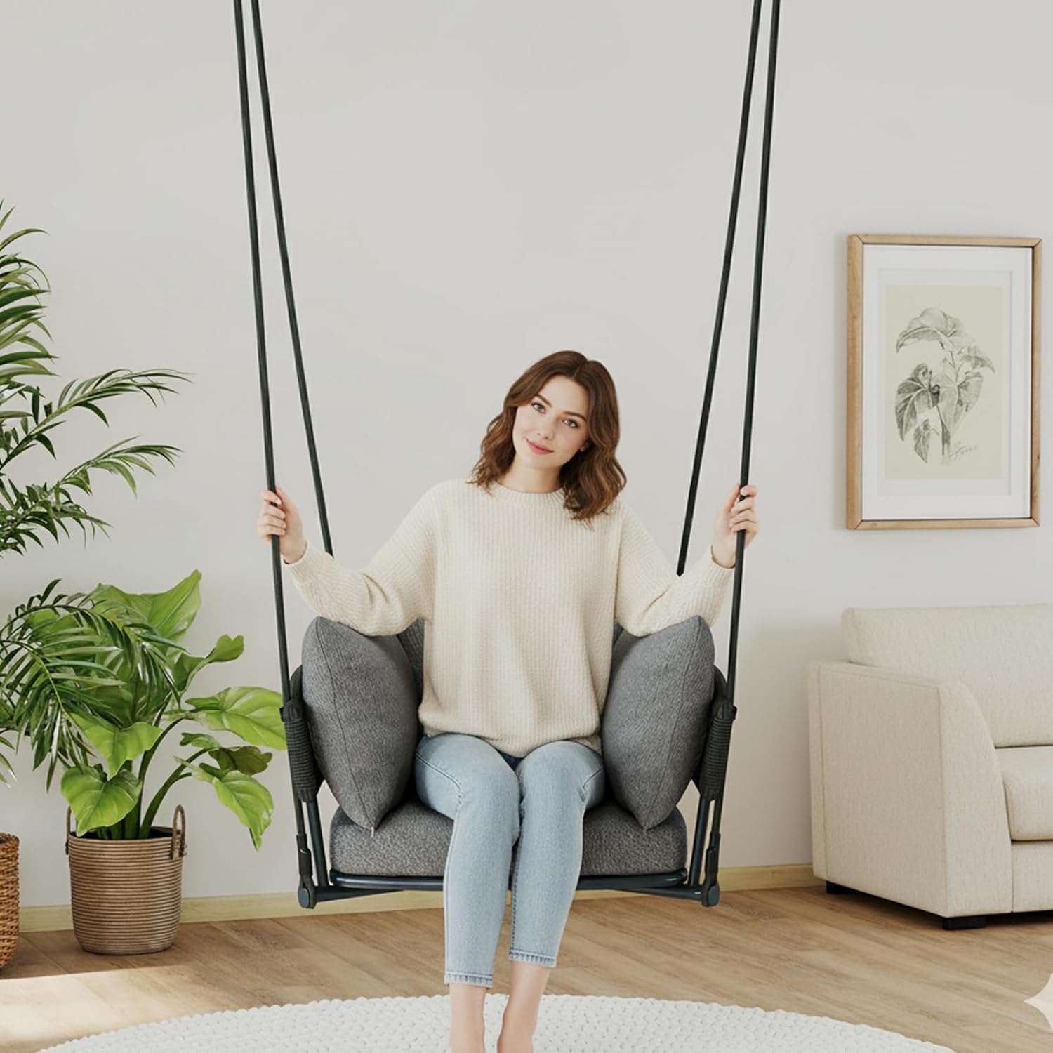 Single Porch Swings Chair with Cushions, Hanging Rope Swing, Hanging Chair for Bedroom, Hammock Chairs Swing Indoor & Outdoor, Macrame Hanging Swinging, Patio, Balcony, Light Grey