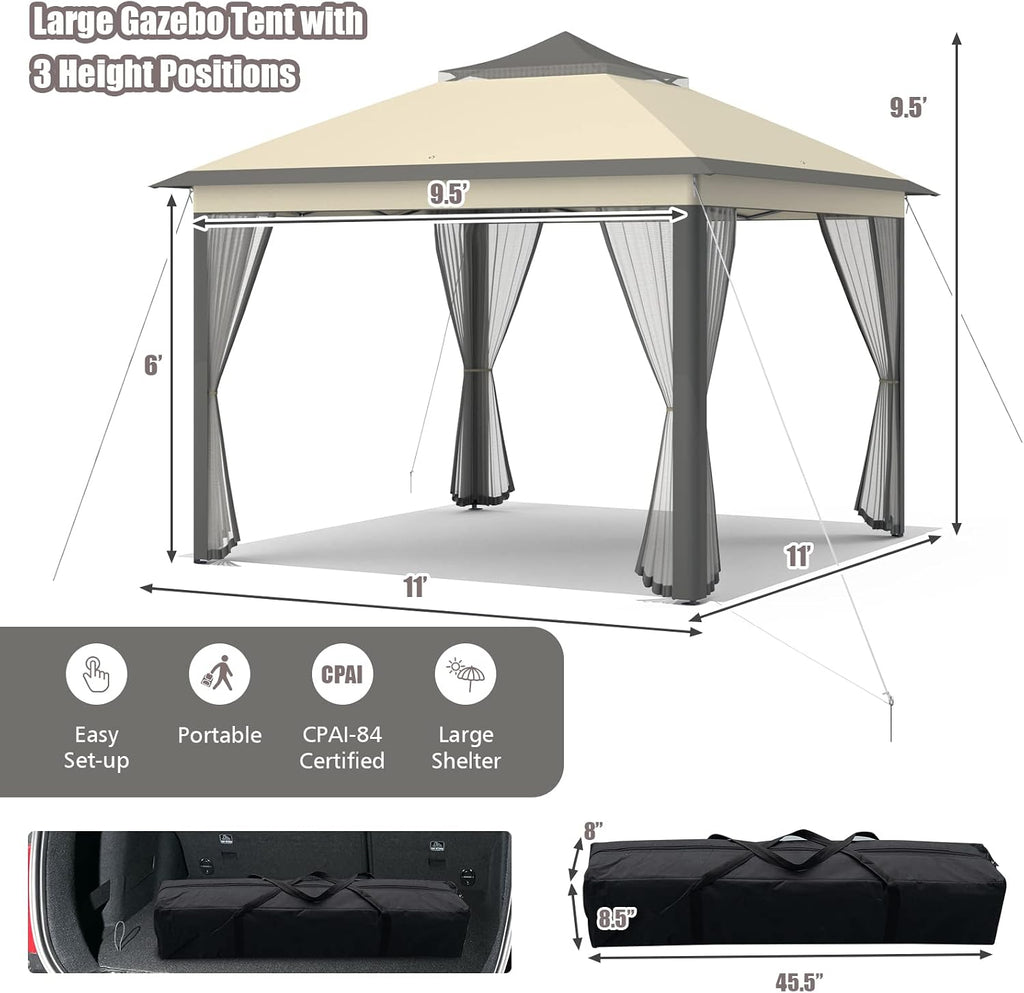 Tangkula 11x11 Ft Pop up Gazebo, 2-Tier Patio Gazebo with Netting, Carry Bag, Easy Set up Outdoor Gazebo with 121 Square Feet of Shade for Backyard, Deck, Poolside (Brown)