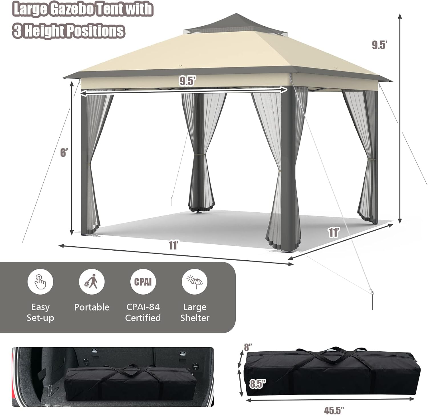 Tangkula 11x11 Ft Pop up Gazebo, 2-Tier Patio Gazebo with Netting, Carry Bag, Easy Set up Outdoor Gazebo with 121 Square Feet of Shade for Backyard, Deck, Poolside (Brown)