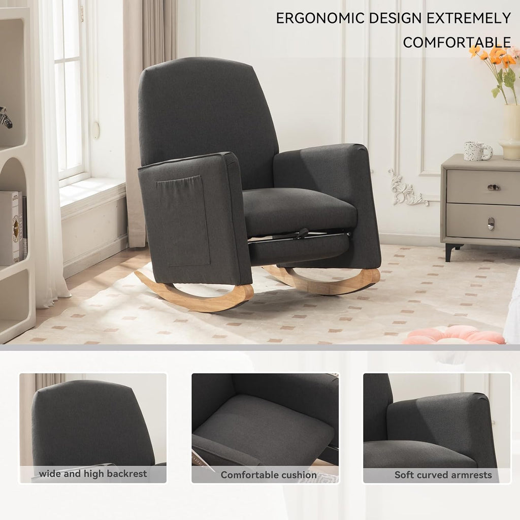 FOXHUNTER Rocking Chair Nursery with Adjustable Footrest and High Backrest, Upholstered Glider Chairs with Side Pockets for Nursery, Rocker Armchair Indoor for Living Room, Dark Gray