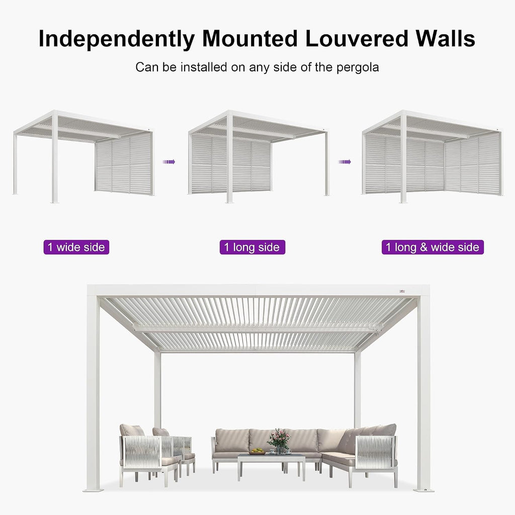PURPLE LEAF Louvered Pergola 11' x 15' Outdoor White Aluminum Pergola with Fixed Shutter Wall Adjustable Roof Gazebo for Patio Backyard, 1 Short Side