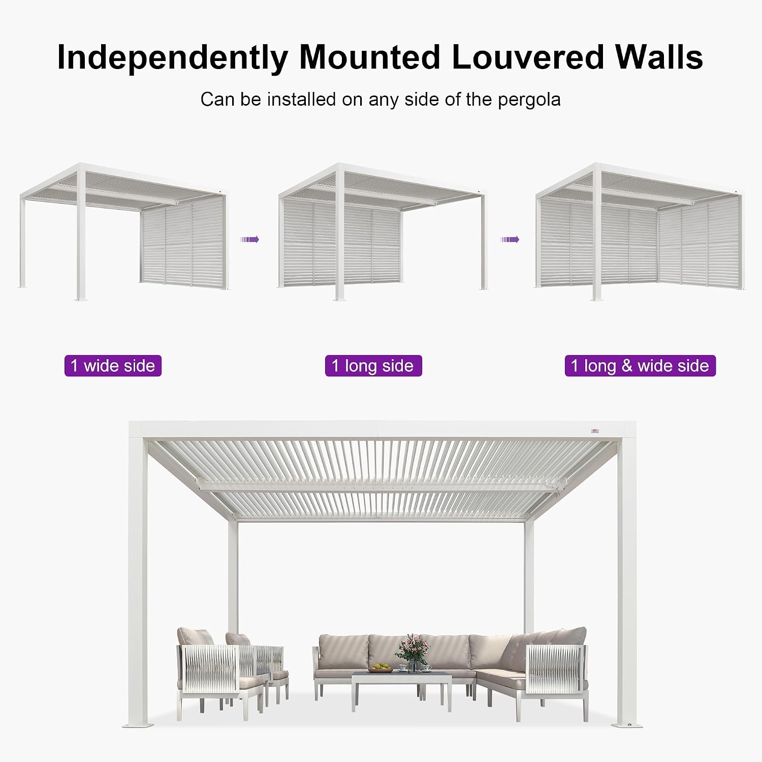 PURPLE LEAF Louvered Pergola 11' x 15' Outdoor White Aluminum Pergola with Fixed Shutter Wall Adjustable Roof Gazebo for Patio Backyard, 1 Short Side