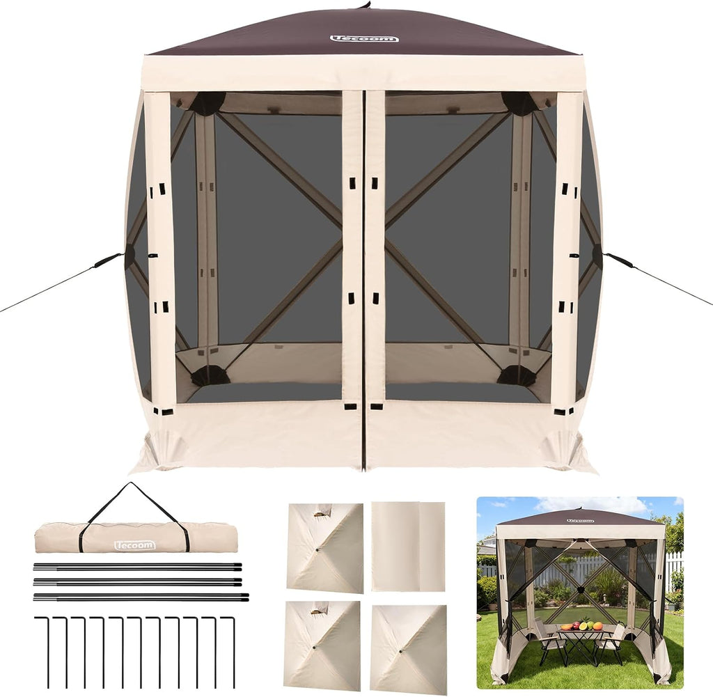 Tecoom 6x6ft 4-Sided Pop Up Gazebo Tent, Canopy Shelter Tent with Mesh Windows for Camping, Portable Shade Tents with Siedwalls, Carrying Bag and Stakes for Outdoor, Garden, Lawn, and Backyard