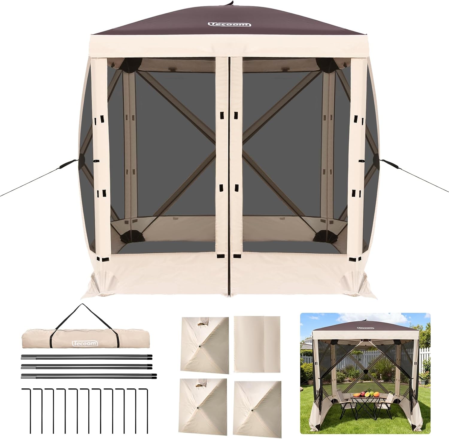 Tecoom 6x6ft 4-Sided Pop Up Gazebo Tent, Canopy Shelter Tent with Mesh Windows for Camping, Portable Shade Tents with Siedwalls, Carrying Bag and Stakes for Outdoor, Garden, Lawn, and Backyard