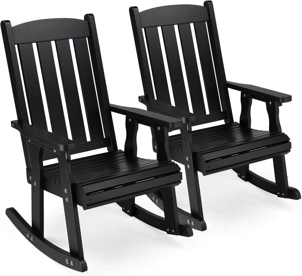 VINGLI Outdoor Rocking Chair, Heavy Duty 600 LBS Wooden Rocking Bench with Comfortable Backrest, Weatherproof Patio Rocker with Ergonomic Design, Wood Rocking Chair for Patio, Garden (Black, 2 PCS)