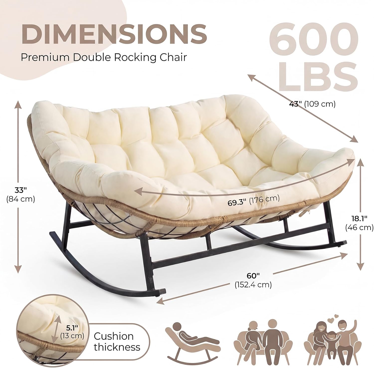 BULEXYARD Double Papasan Rocking Chair Outdoor, 2 Person Oversized Wicker Patio Egg Rocking Chair with Cushion, Heavy Duty Comfy Loveseat for Balcony, Porch, Garden
