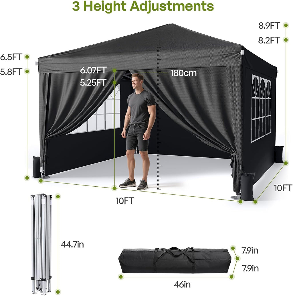 Driftalia 10x10 Pop Up Canopy with Sidewalls, Outdoor Instant Canopy Tent with Carry Bag for Commercial Events, Camping, Backyard Parties - Black