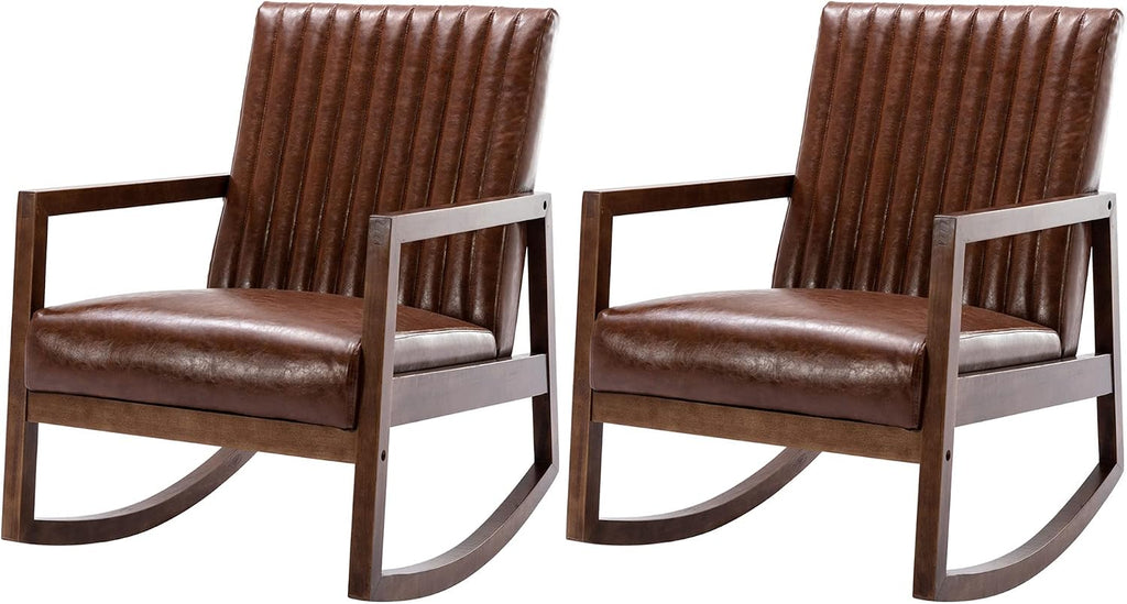 VESCASA Upholstered Rocking Chairs with Channel-Tufted Back, Mid-Century Modern Comfy Oil Wax PU Leather Rockers with Black Walnut Wood Frame for Nursery Living Bedroom Indoor, Set of 2, Brown