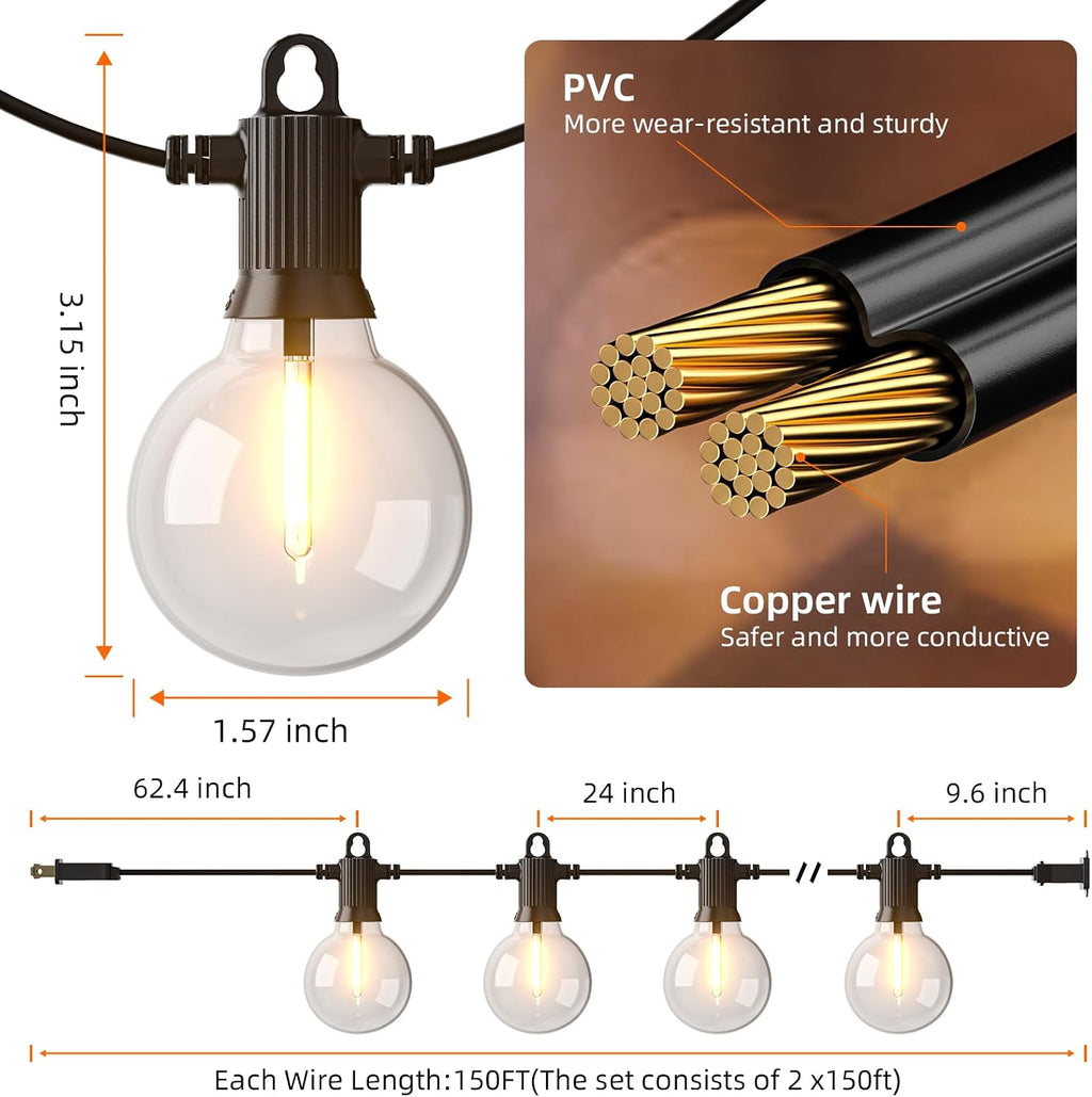 Kawaya 300FT Outdoor String Lights - LED Waterproof Patio Light for Outside with 146+4 G40 Globe Blubs - Shatterproof Hanging Lights for Porch Bistro Backyard Gazebo Balcony Cafe