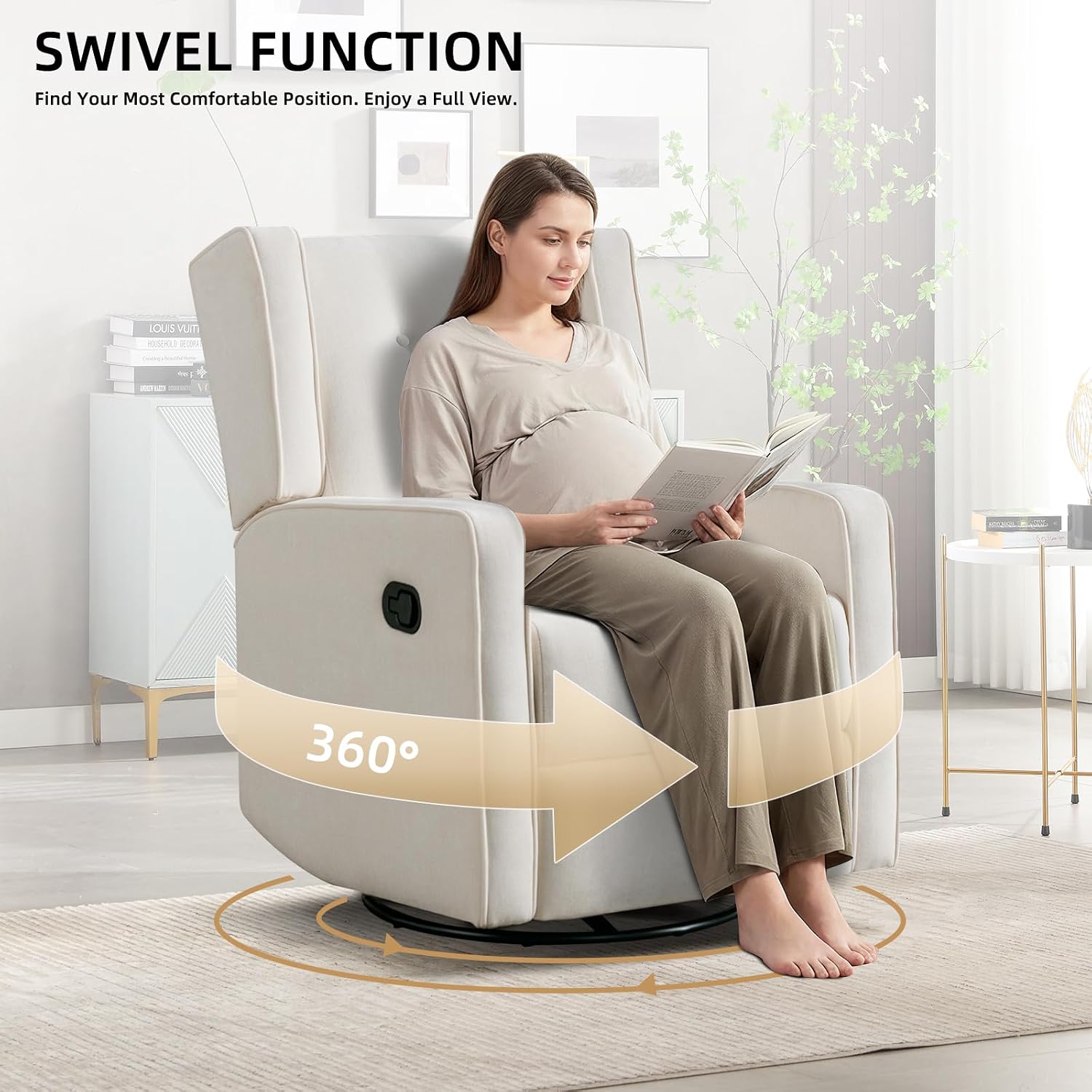 CANMOV Swivel Rocker Recliner Chair, Rocking Chair Nursery Glider Recliner, Manual Glider Chair for Nursery, White