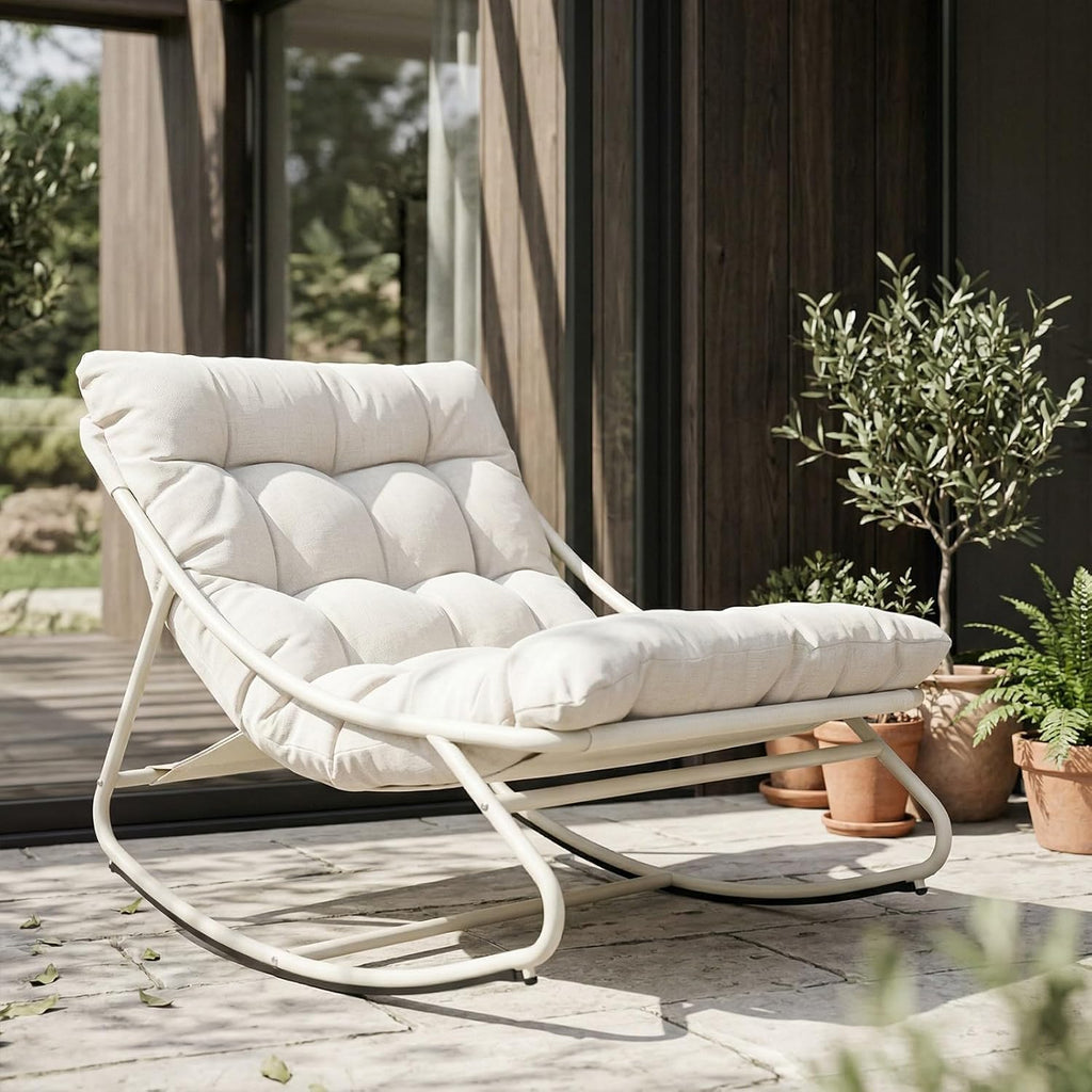 Grand patio Outdoor Rocking Chair, Metal Lounge Rocking Chair with Thick Cushion, Comfy Modern Rocker for Patio Porch Deck Backyard, Beige