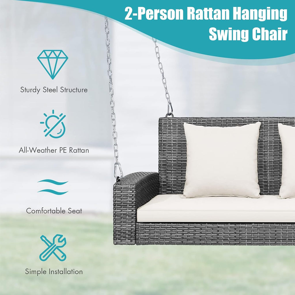 RELAX4LIFE 2-Person Porch Swing Bench - PE Rattan Outdoor Swing Chair with Comfortable Seat & Back Cushions, Rustproof Metal Chains, Patio Loveseat Swing for Balcony, Garden, Yard, 800 LBS (Off White)