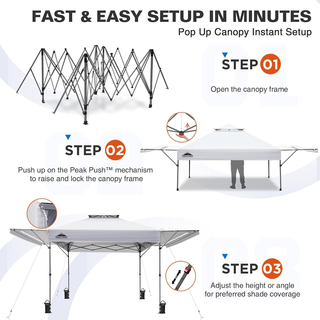 EAGLE PEAK 17x10 Pop up Gazebo Canopy Tent Outdoor Instant Canopy Shelter with Adjustable Dual Half Awnings (White)