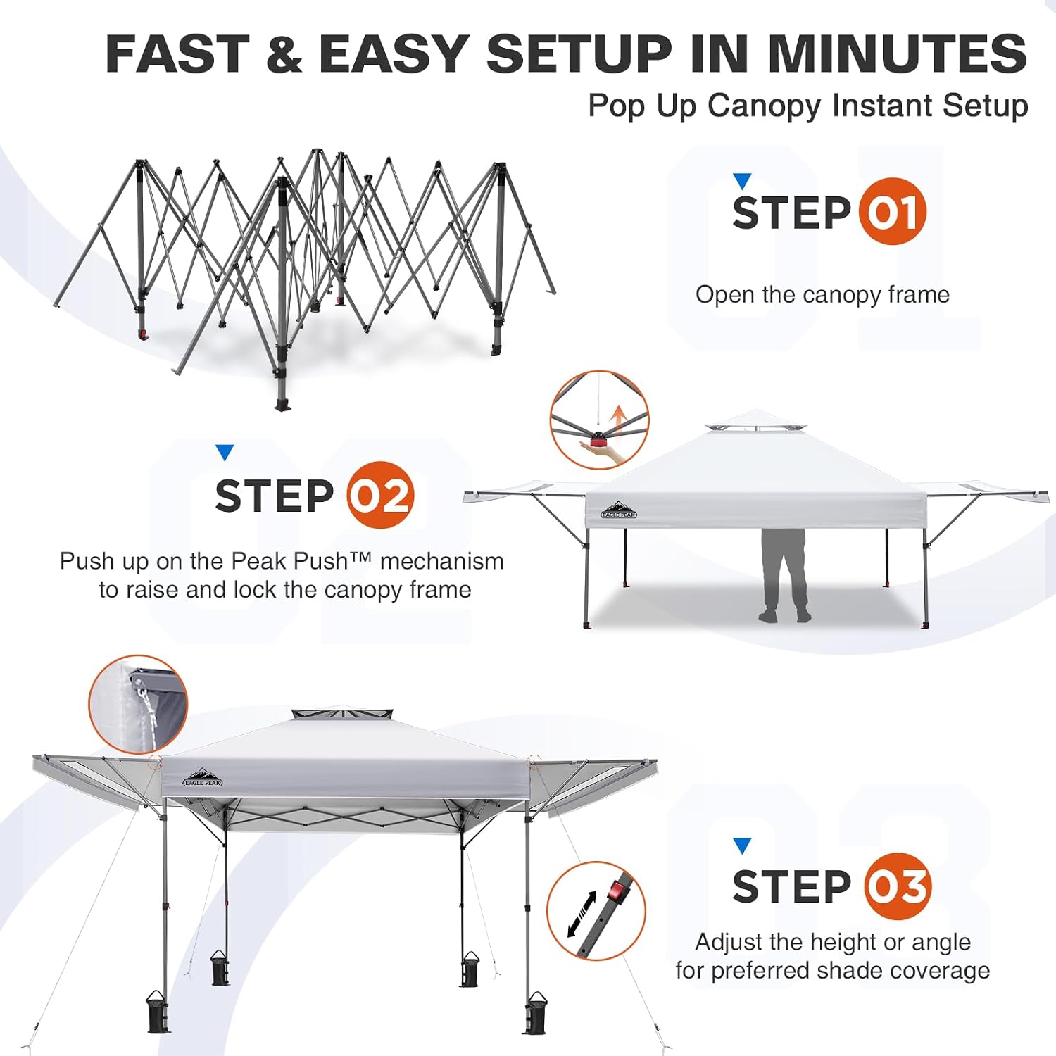 EAGLE PEAK 17x10 Pop up Gazebo Canopy Tent Outdoor Instant Canopy Shelter with Adjustable Dual Half Awnings (White)