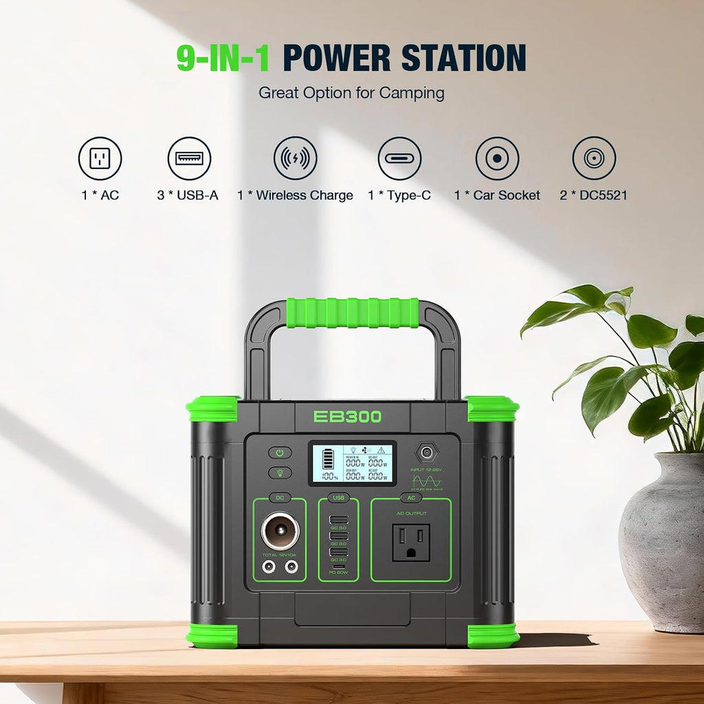 300W Portable Power Station 288.6Wh Solar Generator with 600W Peak, PD 60W USB-C, QC3.0 & 5W Wireless Charger for Camping, Emergency Backup, RV & Home Use