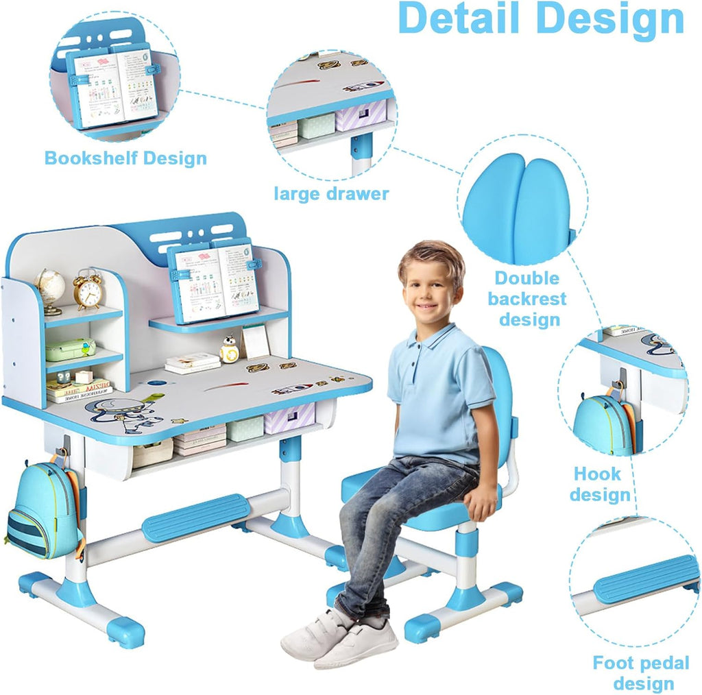 Kids Study Table and Chair Set, Height Adjustable Kids Study Desk with Cartoon Pattern, Widened Tabletop, Back Support & Spine Protect, Prevent Myopia, for Boys & Girls 3+ (blue2)